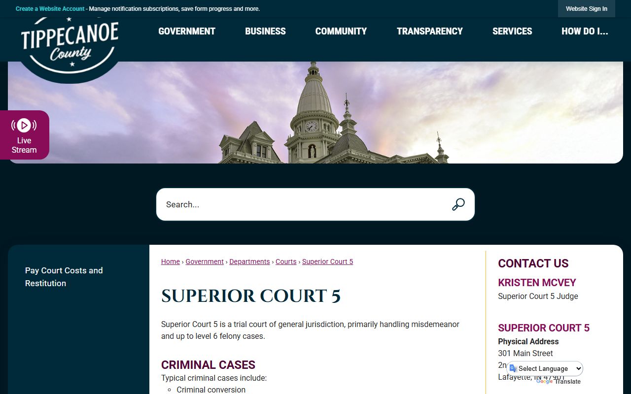Tippecanoe County criminal court records Superior Court 5 page