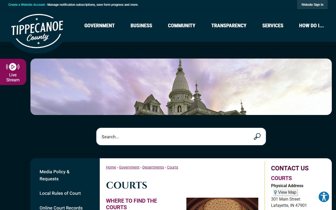 Tippecanoe County Circuit and Superior Courts landing page for trial court records