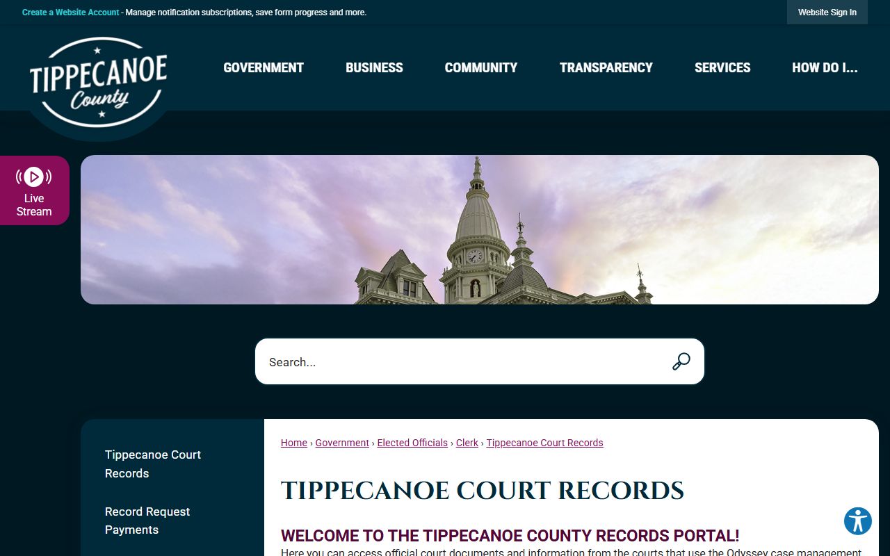 Tippecanoe County court records public case access page