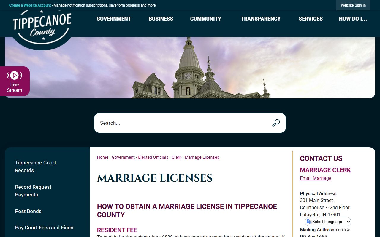 Tippecanoe County marriage and divorce records marriage license page