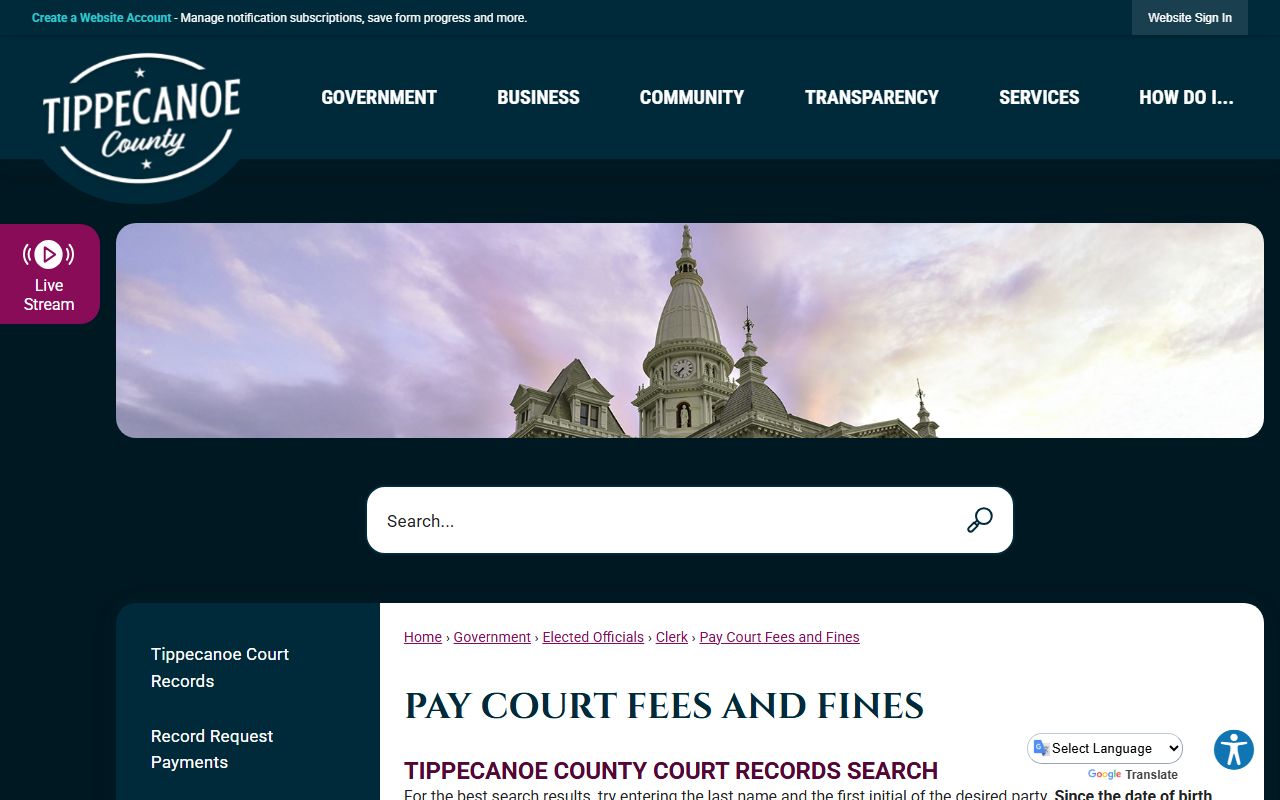 Tippecanoe County traffic court records online court fee payment page