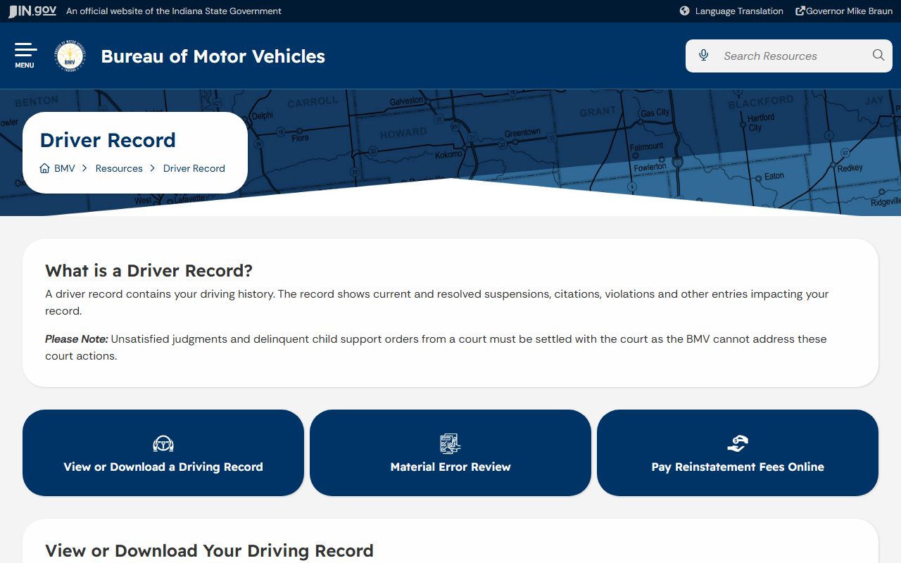 Tippecanoe County traffic court records Indiana BMV driver record page