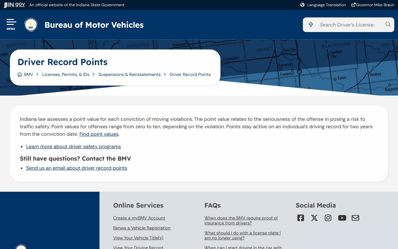 Tippecanoe County traffic court records Indiana BMV driver record points page